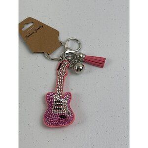 Sparkly Pink Guitar Keychain With Tassel & Bells Lead Safe